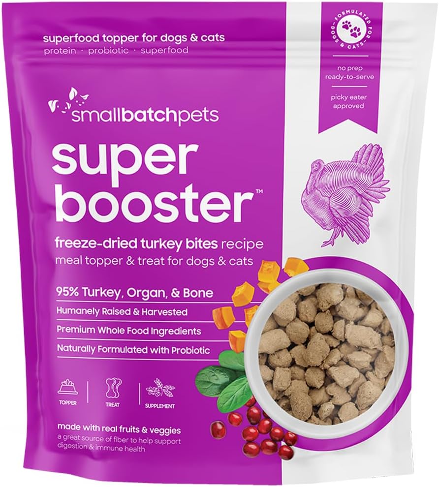 Smallbatch Freeze Dried Dog Treats, Superfood Food Topper Turkey Bites for Dogs & Cats, Probiotics, Organic Ingredients, High Protein, Grain Free Healthy Treat & Food Topper, Made in the USA, 7 oz Bag