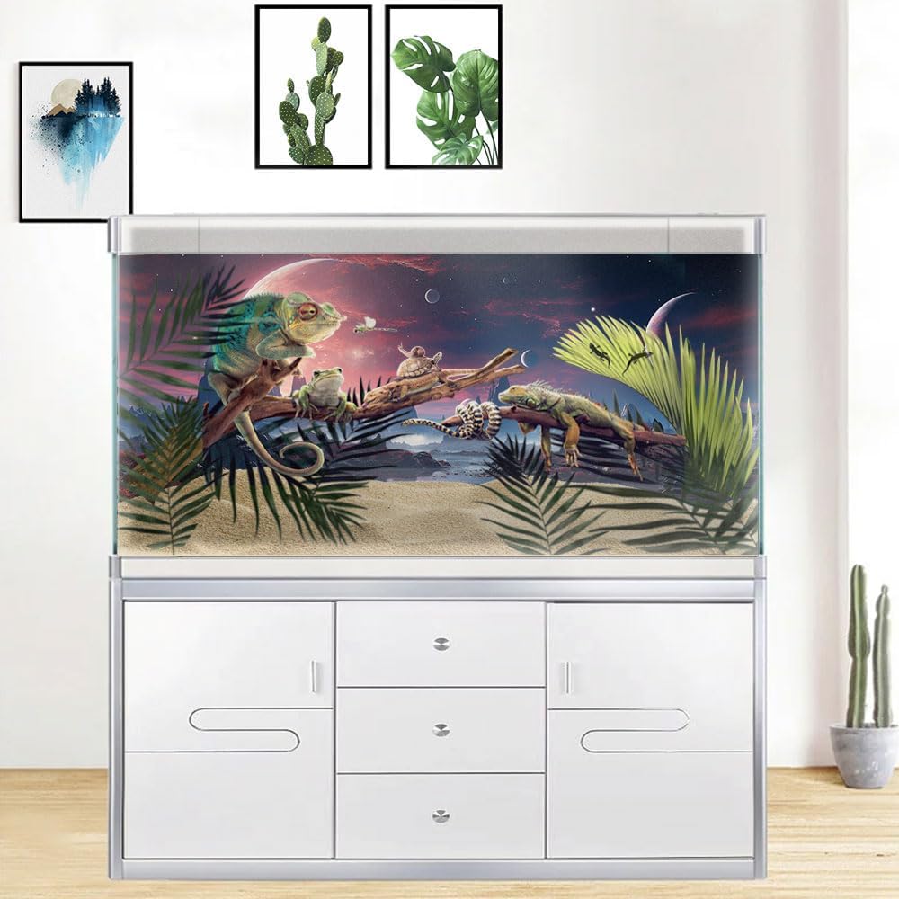 36X24IN Cosmic Spaceterrarium Background, Cool Parallel Space Themed Aquarium Reptile Habitat Background, Red Moon Aquarium Background with 10EVA Double-Sided Tape