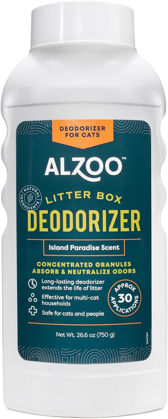 ALZOO Cat Litter Deodorizer, Concentrated Granules Absorb & Help Neutralize Odors, 100% Plant-Based Active Ingredients, Up to 30 Uses, Island Paradise Scent, 26.6 Oz.