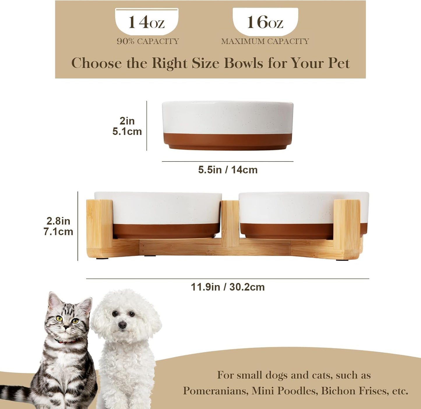 MALACASA Ceramic Dog Bowls, Dog Water/Food Dish with Wood Stand Non-Slip,14oz, Pet Basic Bowls for Your Puppy, Small Dogs or Cats,Glaze Matte Weighted Non-Slip (S-1.5 Cups)