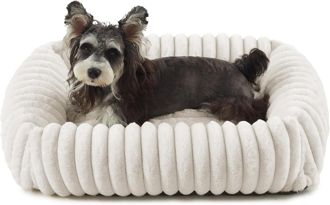 Dog Beds for Small Dogs, Washable Dog Bed with Removable Cover, Rectangle Soft Calming Sleeping Puppy Bed Durable Pet Cuddler with Anti-Slip Bottom, 20"x19"x6" Cream