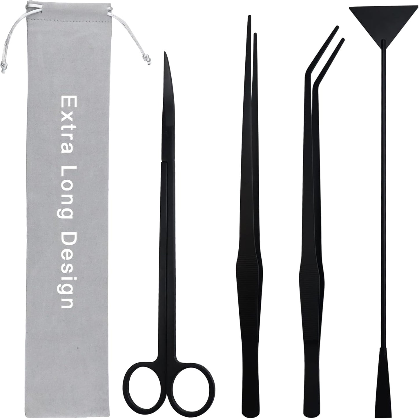 Aquarium Aquascape Tools Kit, Long 15 Inch Stainless Steel Aquatic Plants Tools, 4 in 1 Anti-Rust Black Aquascaping Tweezers Scissors Spatula Scrapers Tool Set for Fish Tank Cleaning Plant Trimming