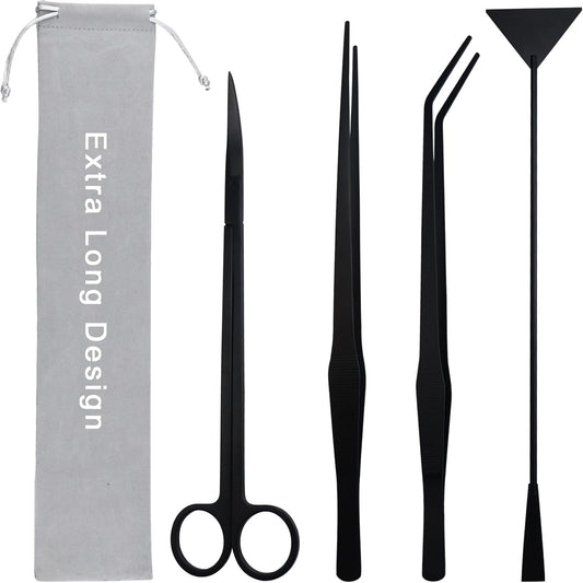 Aquarium Aquascape Tools Kit, Long 15 Inch Stainless Steel Aquatic Plants Tools, 4 in 1 Anti-Rust Black Aquascaping Tweezers Scissors Spatula Scrapers Tool Set for Fish Tank Cleaning Plant Trimming