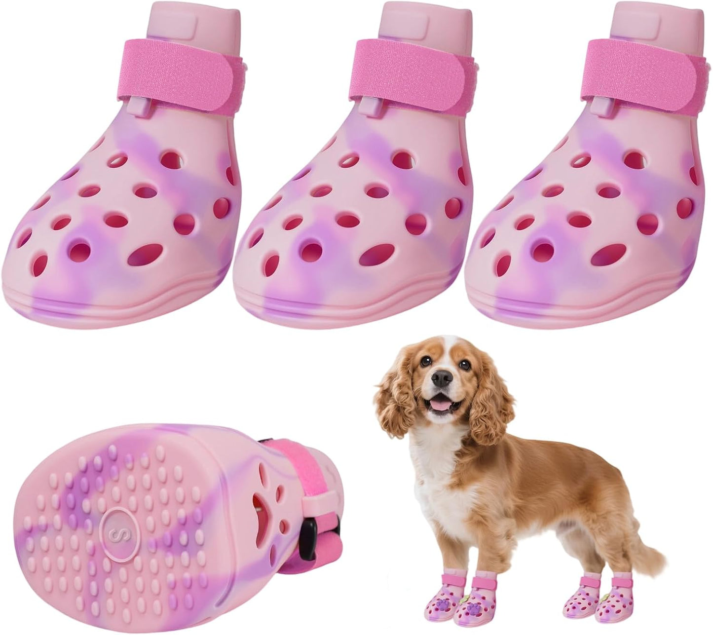Dog Shoes for Hot Pavement, Adjustable Magic Tape Boots for Small, Medium & Large Dogs, Anti-Slip, Easy to Clean Paw Protectors for Beach, Outdoor & Hot Weather (Pink S)