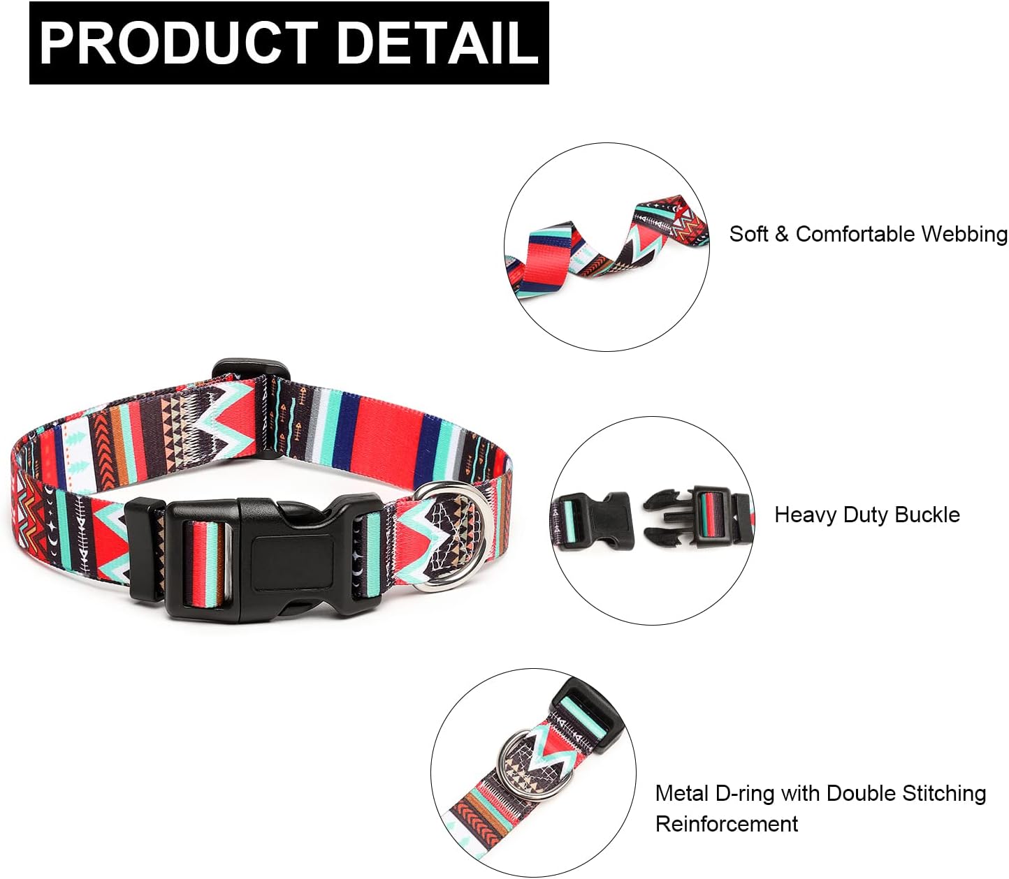 Mercano Adjustable Dog Collar - Special Design Patterns, Soft Nylon Comfortable Sturdy Pet Collar for Small Medium Large Dogs (M, Tribal Red)