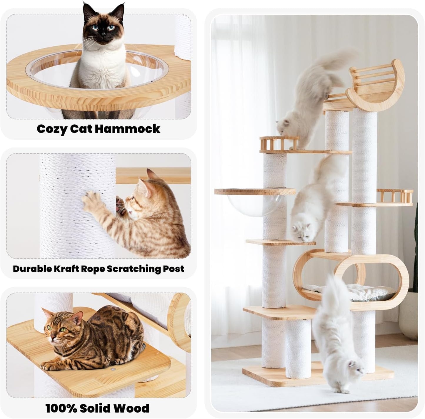 74.8" Modern Cat Tree for Indoor Cats, Tall Wood Cat Tower with Scratching Post, Heavy Duty Luxury Condo with Removable Mats, Multi-Level Cat Furniture for Cats