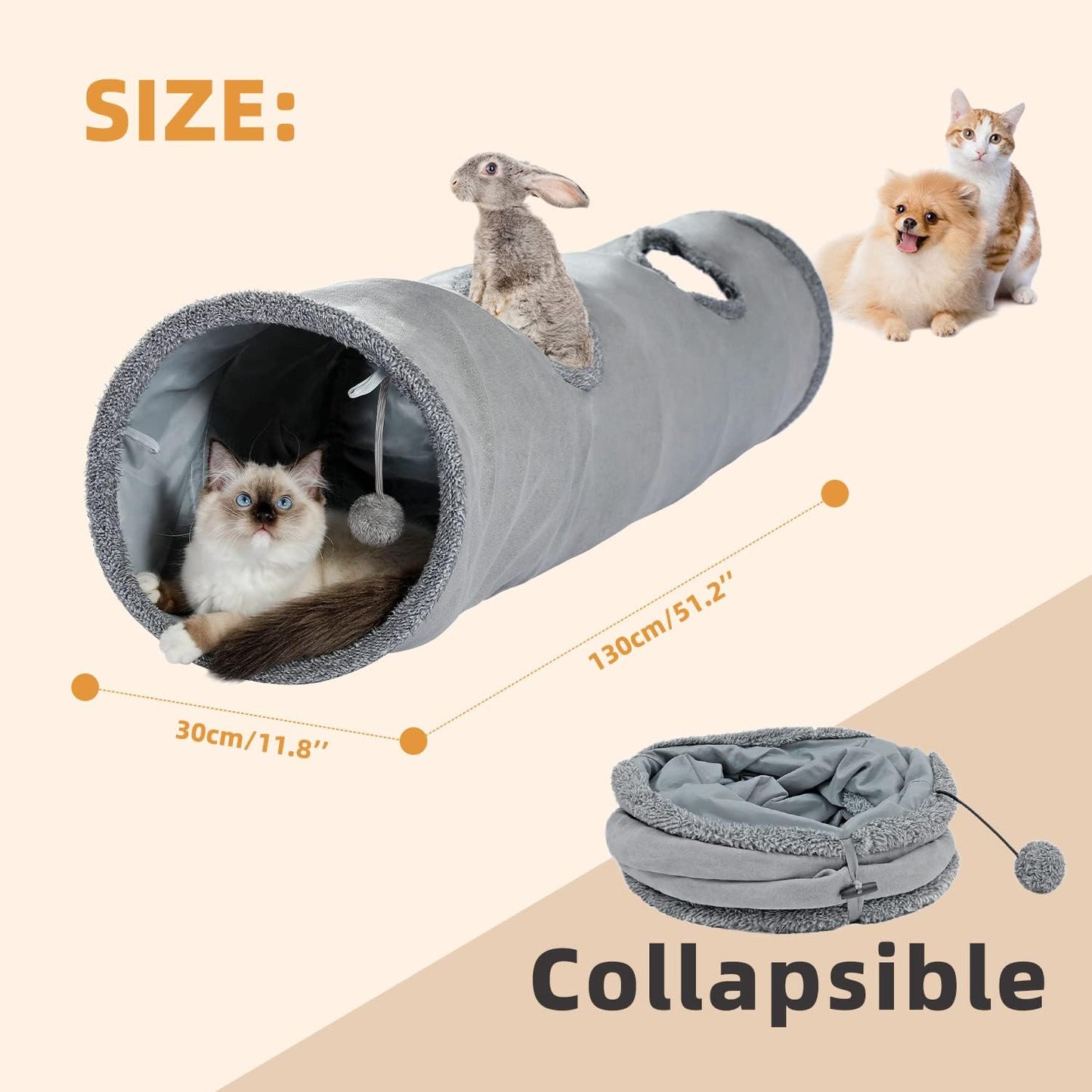 PAWZ Road Cat Tunnel 51 Inches Long Cat Toys Collapsible Tunnel 12 Inches in Diameter Large Cats Tube for Big Cats,Rabbits and Puppy- Large