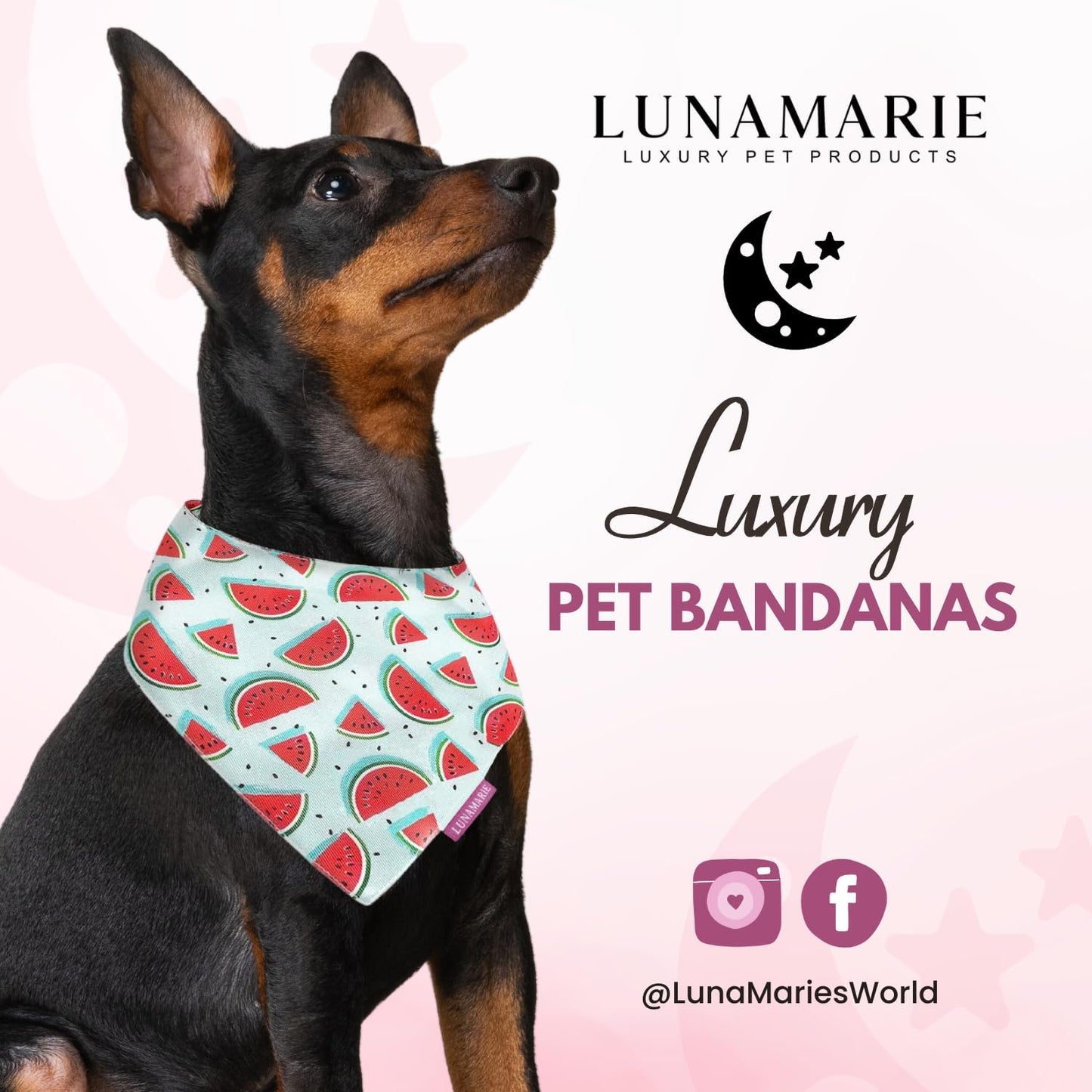 LunaMarie - Luxury Dog Bandanas - Cute Watermelon Design | Premium & Soft Fabric | 100% Handmade Custom Adjustable Shape Dual Layered Small, Medium, Large Cat Scarf (Watermelon, Medium)