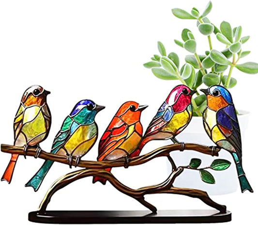 5 Birds on a Branch, Metal Desktop Decorations, Home Bird Decorations for Office, Window, Aviary, Garden, Gifts for Bird Lovers, Boxed Set.