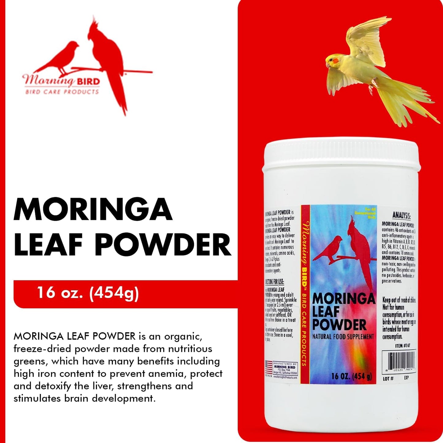 Morning Bird Moringa Leaf Powder 16 Oz – Natural Food Supplement with Omega-3, Iron, Vitamins B & K – Supports Detox, Energy, Brain & Immune Health – Clean Plant-Based Supplement for All Birds