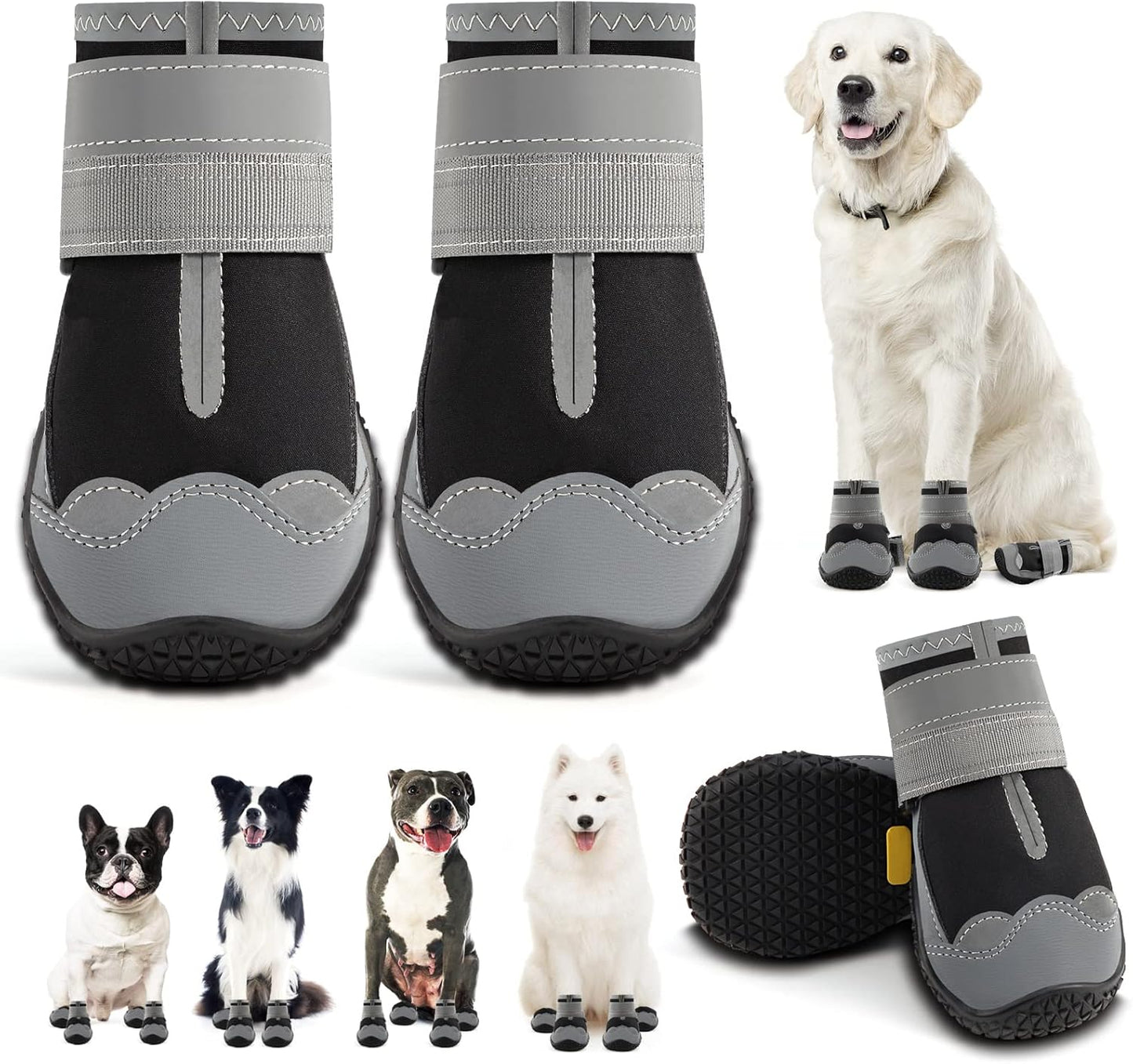 Dog Shoes for Large Dogs, Medium Dog Boots & Paw Protectors for Hardwood Floors, Outdoor Dog Booties for Hot Pavement Winter Snow Hiking, Waterproof Dog Shoes with Reflective Strips Size 3