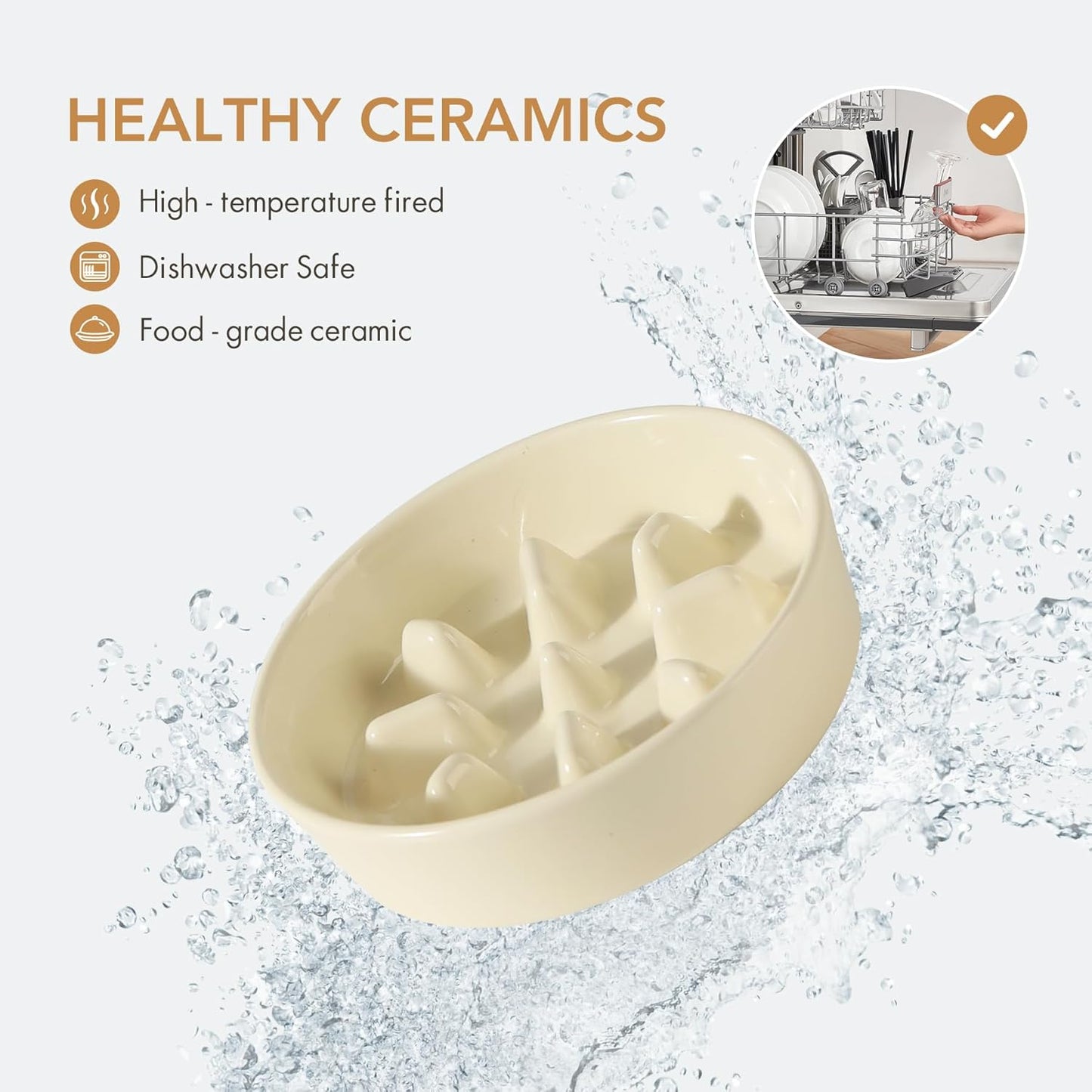 6.1inch Ceramic Dog Raised Slow Feeder Set, Elevated Bowl with Wooden Stand for Small Dog, Pet Slow Feeder Dish for Fast Easters, Preventing Choking (Beige, Single Bowl+ Stand)