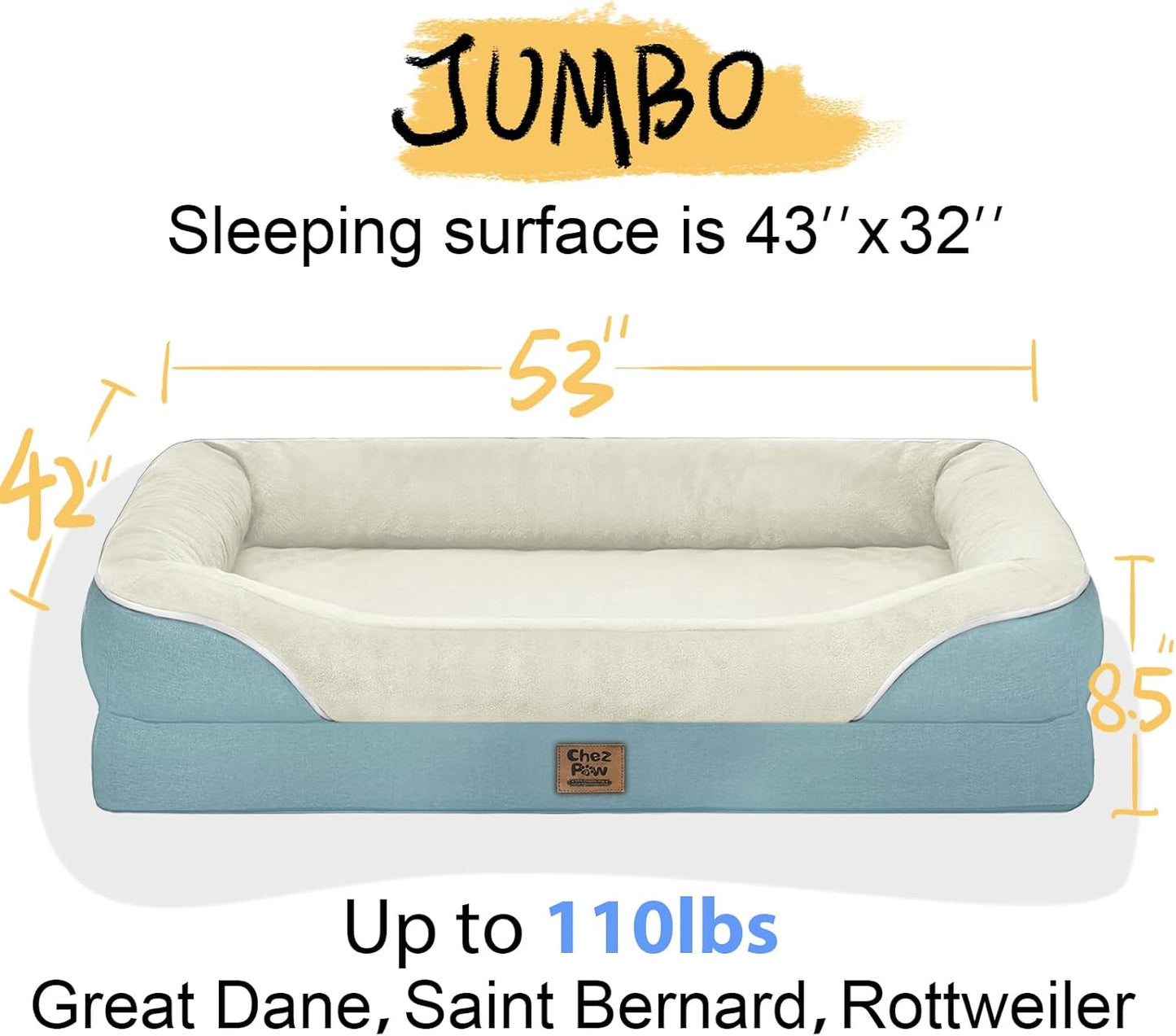 Washable Orthopedic Large Dog Bed - Removable Orthopedic Dog Bed XL with Bolster Extra Large Dogs Beds with Washable Cover Non-Slip Bottom