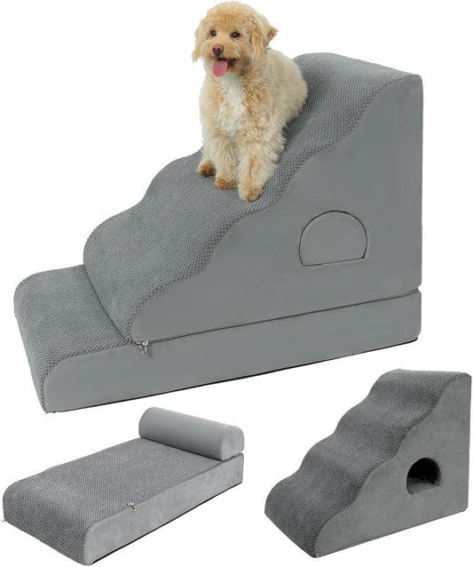 Dog Stairs for Small Dogs 24.6" H, 5-Step Dog Steps for High Bed, High-Density Foam Curved Pet Stairs with Non-Slip Removable Washable Cover to Get on Bed