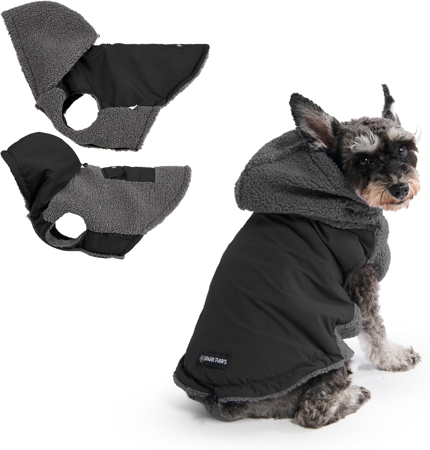 Spark Paws Reversible Dog Sweater, Sherpa Jacket Vest with Warm Fleece Lining, Warm Coat for Winter, Suitable for Small Medium, Large, XL XXL Dogs - Black and Grey - S