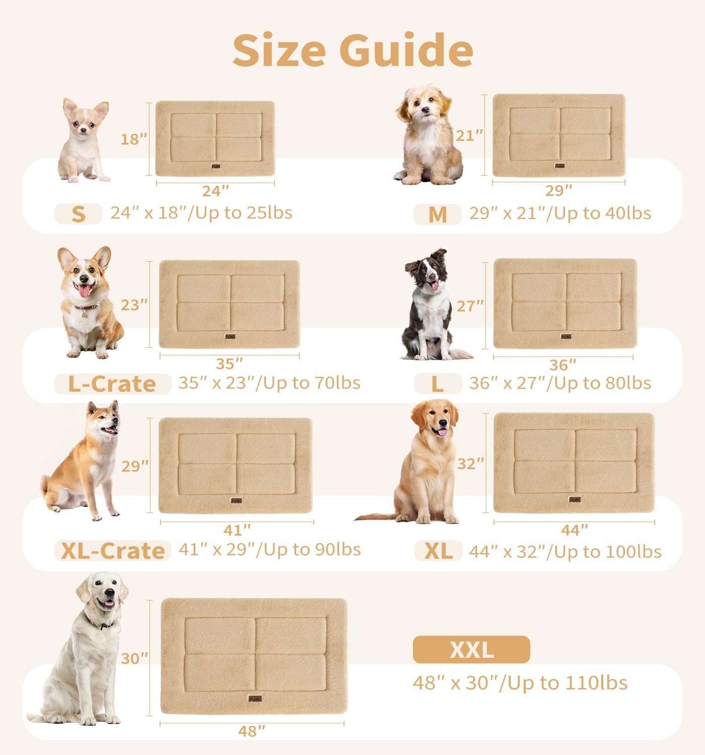 Made4Pets Dog Crate Pad Bed for Extra Large Dogs, Washable & Reversible, Anti-Slip Kennel Mat for Cozy Sleeping, Soft Fluffy Dog Bed for Indoor & Outdoor Use, 48"x30", Khaki