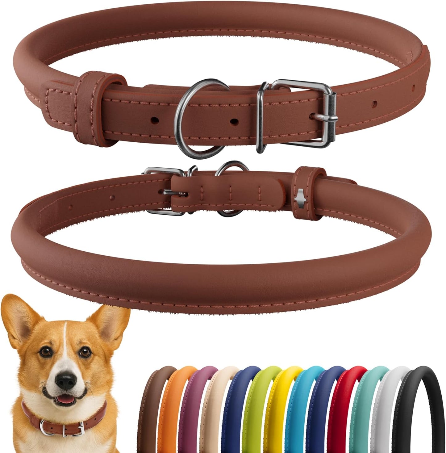 CollarDirect Rolled Leather Dog Collar, Soft Padded Round Puppy Collar, Handmade Genuine Leather Collar Dog Small Large Cat Collars 13 Colors (13-16 Inch, Cinnamon Smooth)