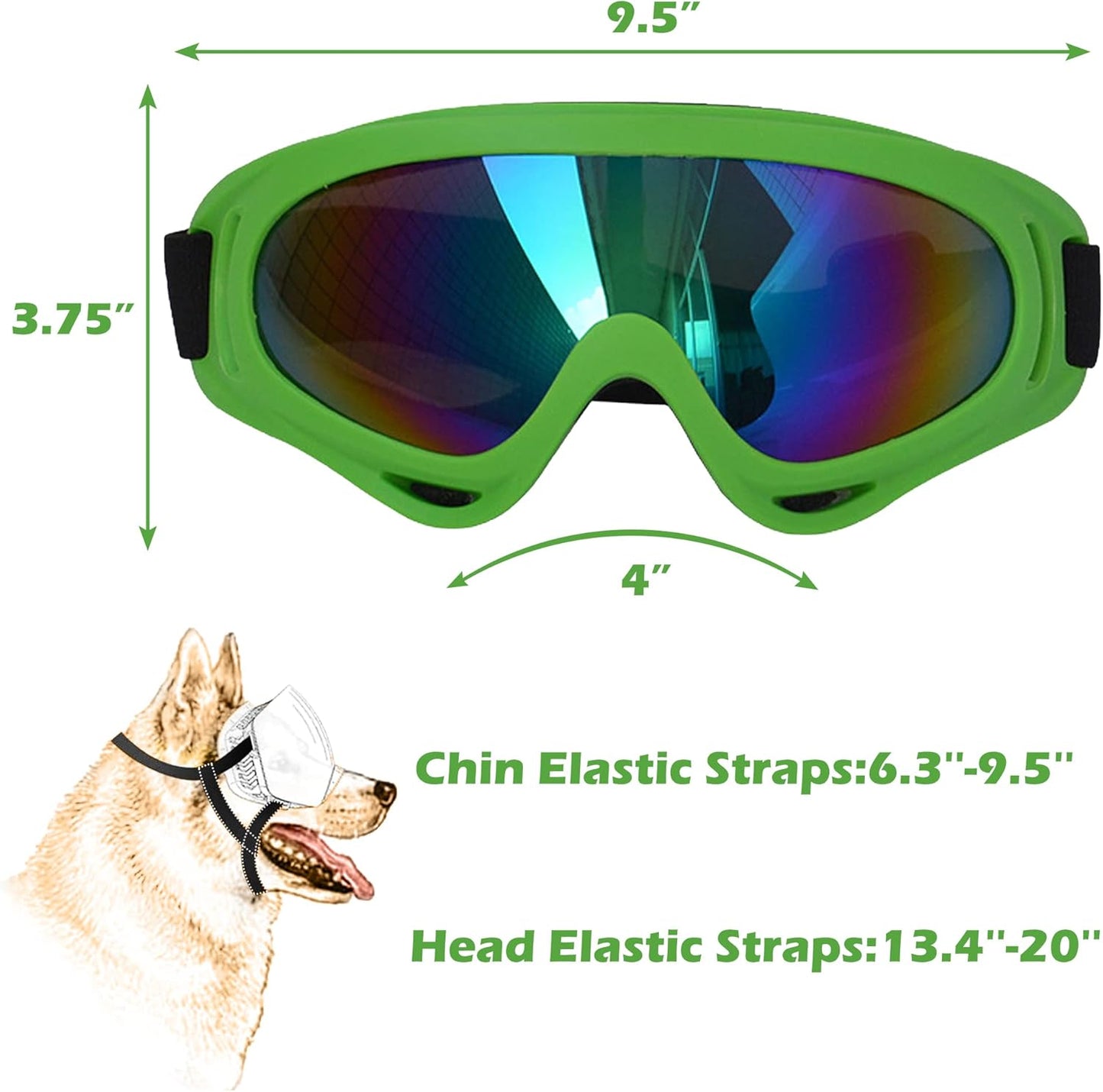 Large Dog Sunglasses With Adjustable Strap UV Protection, Windproof Puppy Eyewear, Suitable for Medium-Large Pets, Eyes Protection, Soft Goggles (Green Frame)