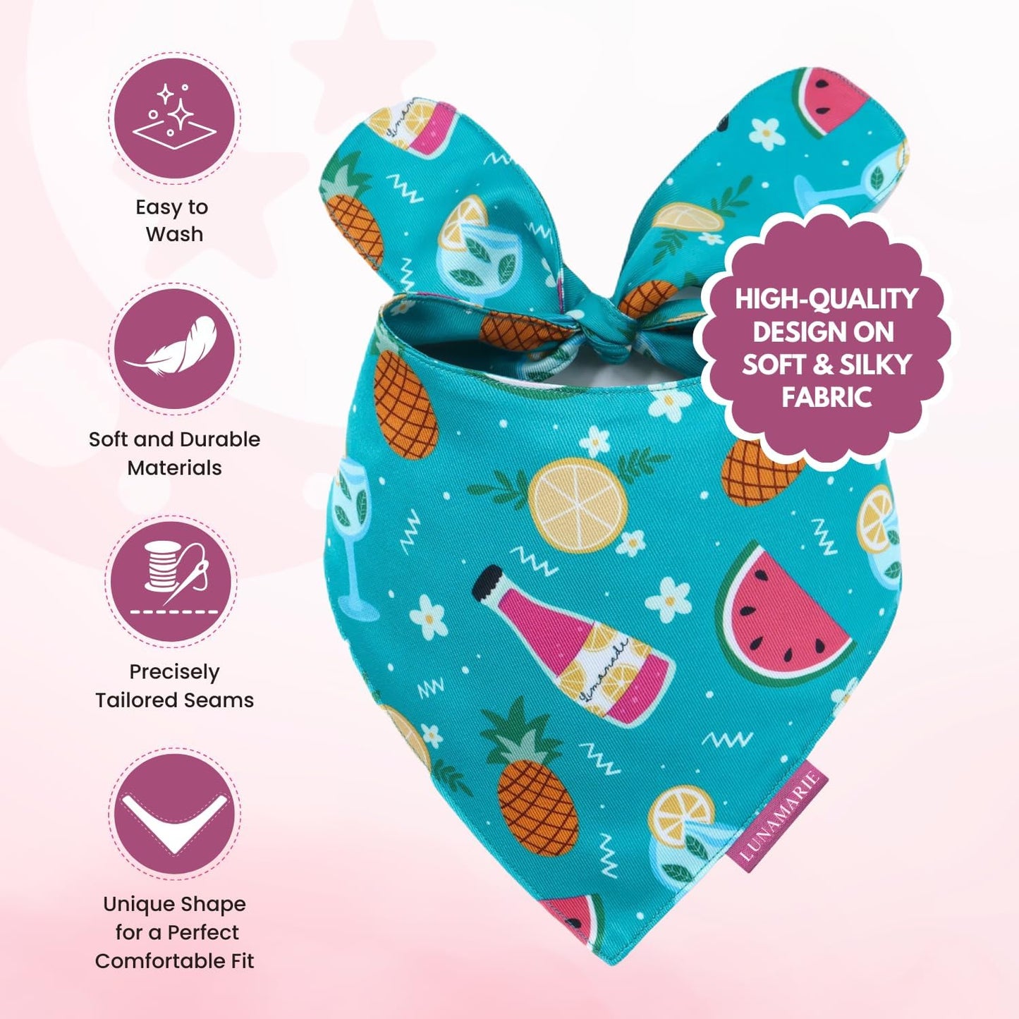 LunaMarie - Luxury Pet Birthday Bandanas -Premium & Silky Poly Fabric | 100% Handmade | Custom Shape Dual Layered (Sippin' Poolside, Medium)