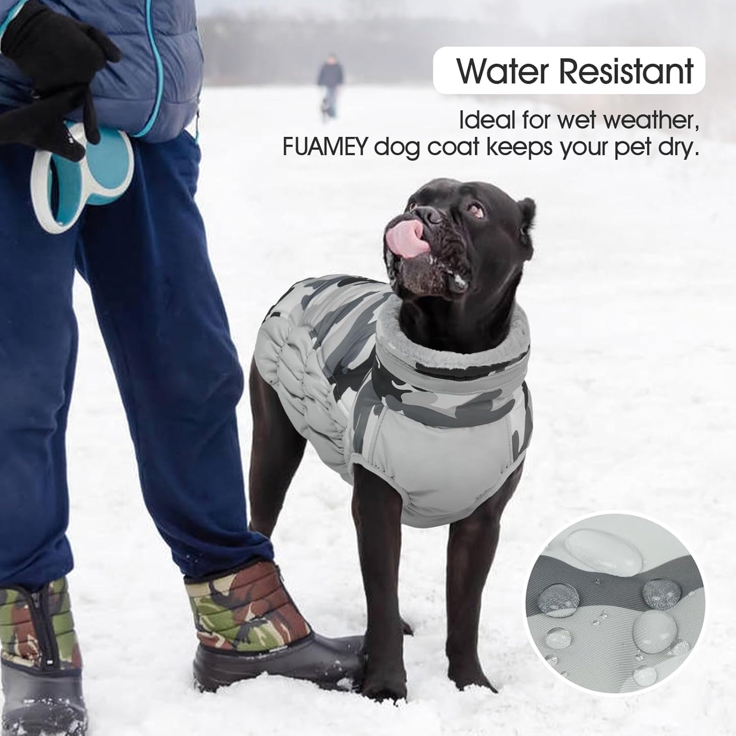 FUAMEY Dog Coat for Medium Dogs,Waterproof Dog Winter Jacket with Harness Built in Puppy Cold Weather Coats Reflective Pet Vest with Zipper Warm Fleece Dogs Snowsuit Windproof Grey Camo M