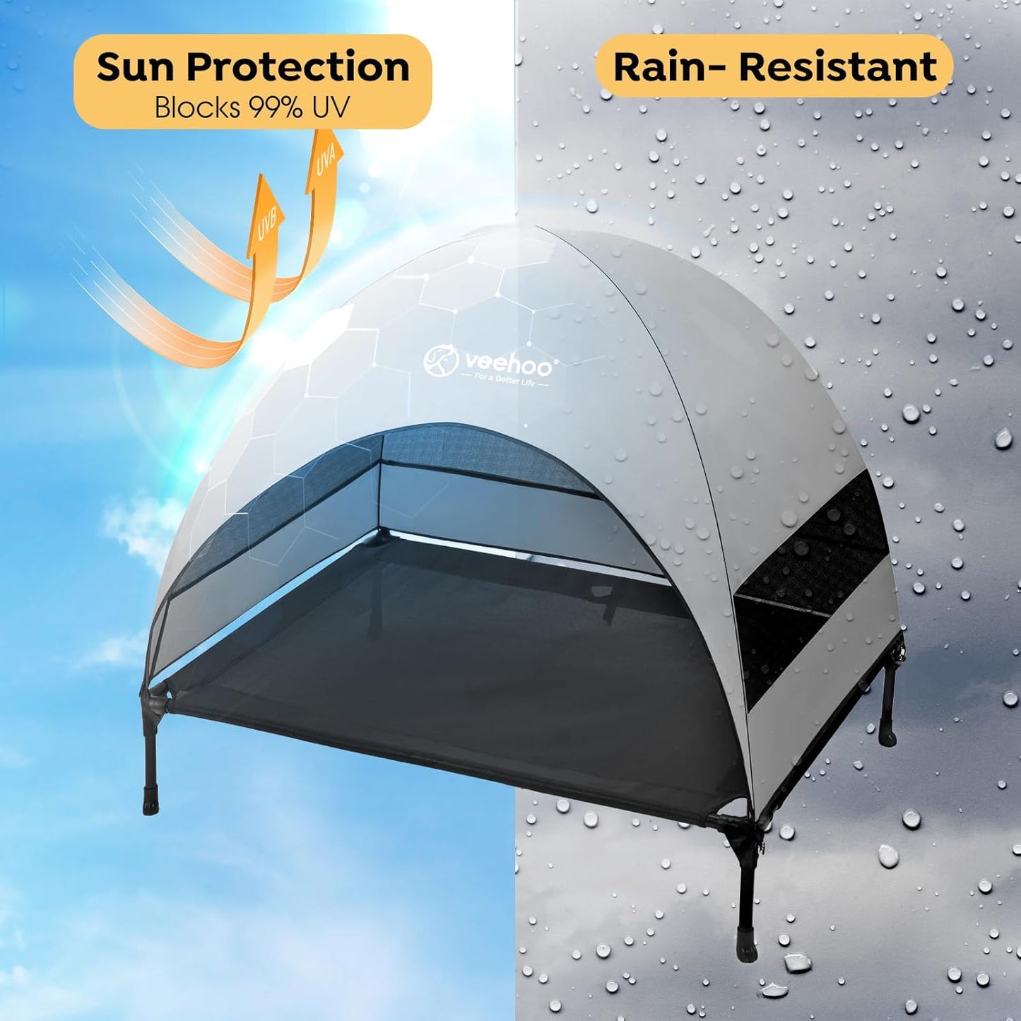 Veehoo Outdoor Dog Bed with Canopy, Cooling Elevated Pet Cot with Removable Shade, Non-Slip Feet, Raised Dog Cot for Large Dogs, Pet Tent Bed for Camping, Beach, Large, Black, CWC2411