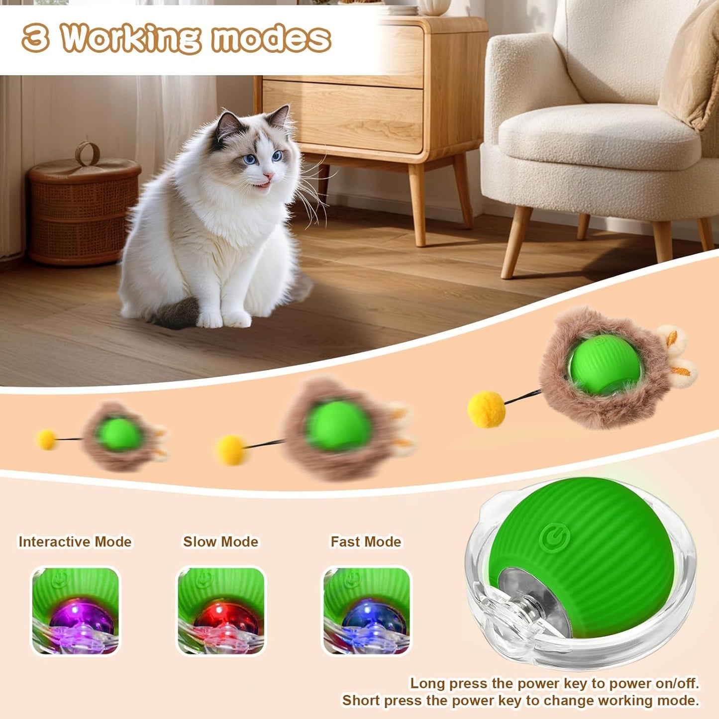 Rocfish Interactive Cat Toys Ball - Automatic Fast Rolling Ball in Play Mat, Hide and Seek Mouse Catching Game, Low-Noise Cat Enrichment Toys in Pouch for Indoor Bored Cats (Green Toy & Square Mat)