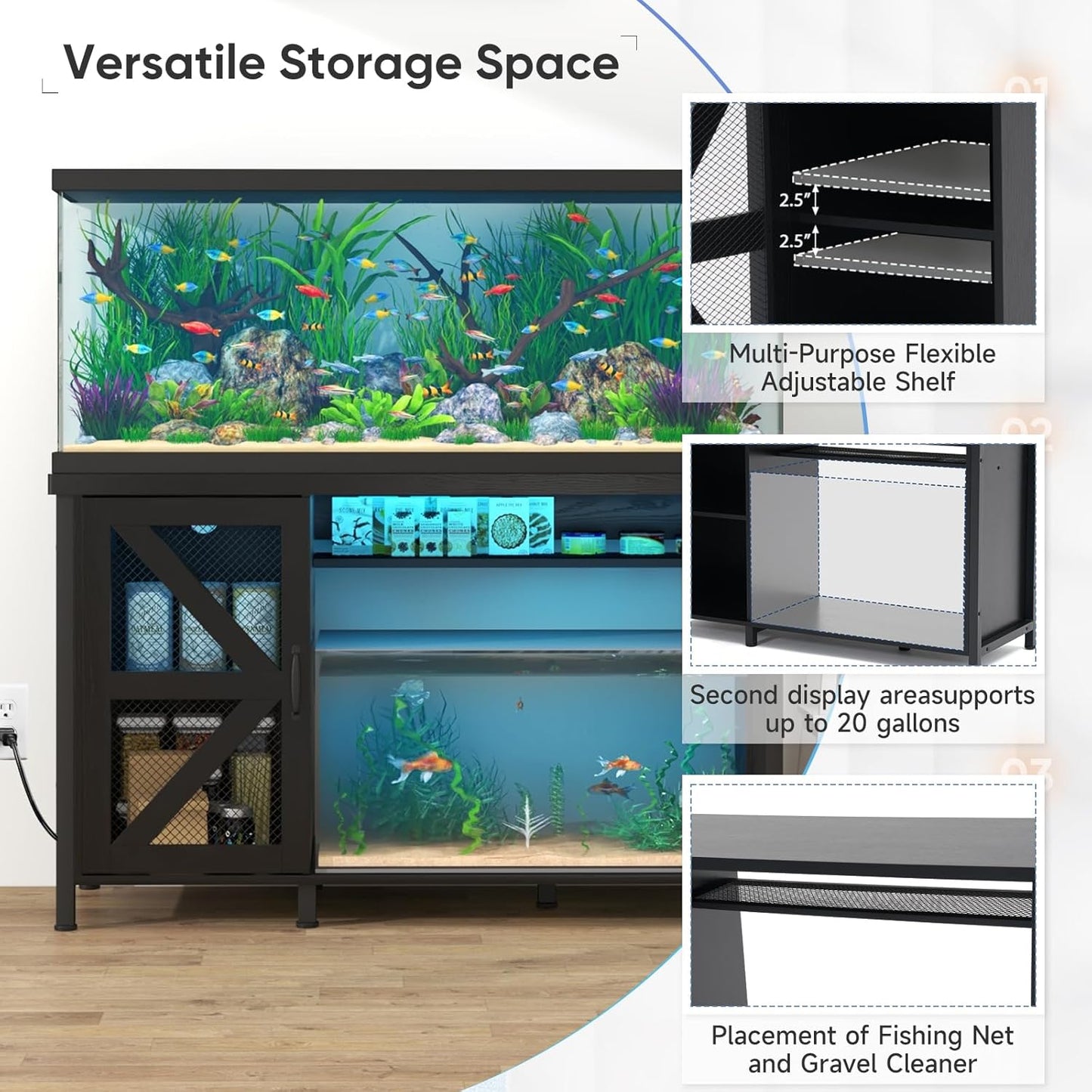 Verano 55-75 Gallon Aquarium Stand with Storage Cabinet, Fish Tank Stand with Power Outlets & LED Light, Wooden Turtle Tank 52 inch x 19.7-inch Desktop, Heavy Duty Steel Frame,1100LBS Capacity (Black)
