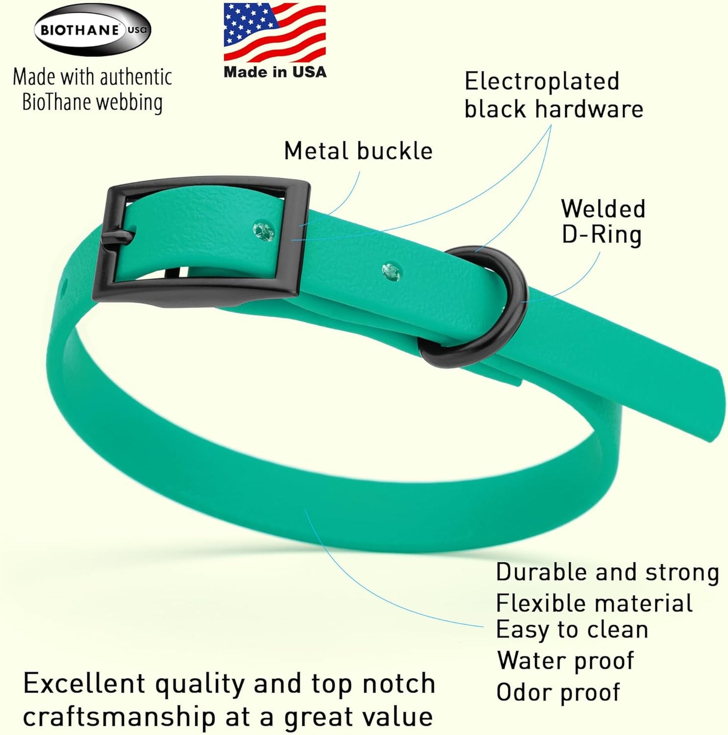 Dogline Biothane Waterproof Dog Collar Strong Coated Nylon Webbing with Black Hardware Odor- Proof for Easy Care Easy to Clean High Performance Fits Small Medium or Large Dogs, Teal