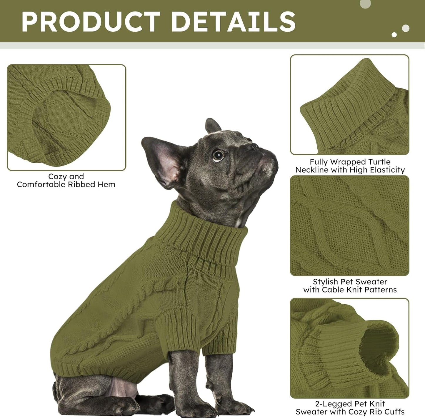Queenmore Small Dog Pullover Sweater, Cold Weather Cable Knitwear, Classic Turtleneck Thick Warm Clothes for Chihuahua, Bulldog, Dachshund, Pugl,OliveGreen,L