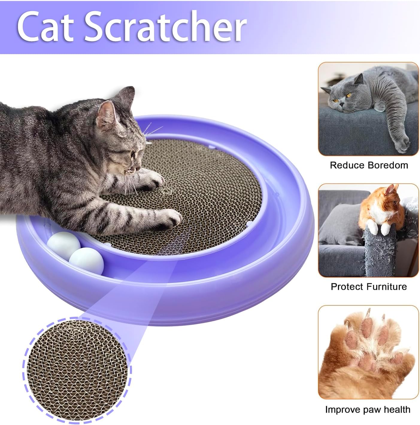 Interactive Cat Ball Track Toy for Indoor Cats, Cat Scratching Board & Exercise Set for Bored Indoor Adult and Kitten Mental & Physical Stimulation, with Spare Ball to Prevent Loss (Purple)