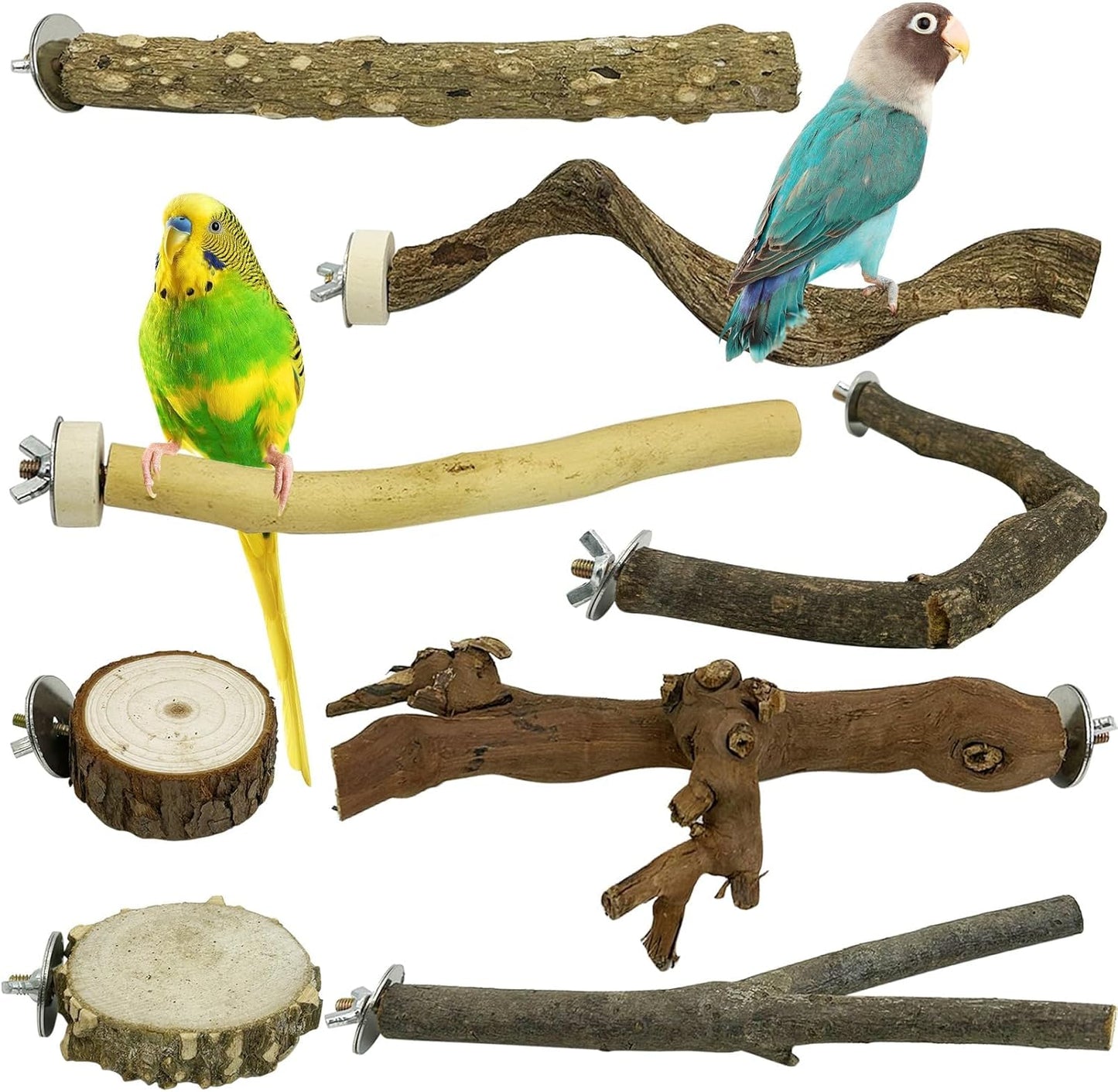 PINVNBY 8 PCS Bird Perches Natural Wood Parrot Perch Sets Paw Grinding Fork Bird Perch Chewing Stick Parakeet Platform Hammock Bird Toys Bird Cage Accessories for Cockatiels Conures Budgies Macaws