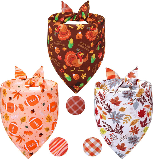 Thanksgiving Dog Bandanas Small 3PCS, 6 Pattern Fall Scarf for Boy and Girl, Pumpkin Leaves Rugby Triangle Reversible Bibs Breed for Puppy Pets