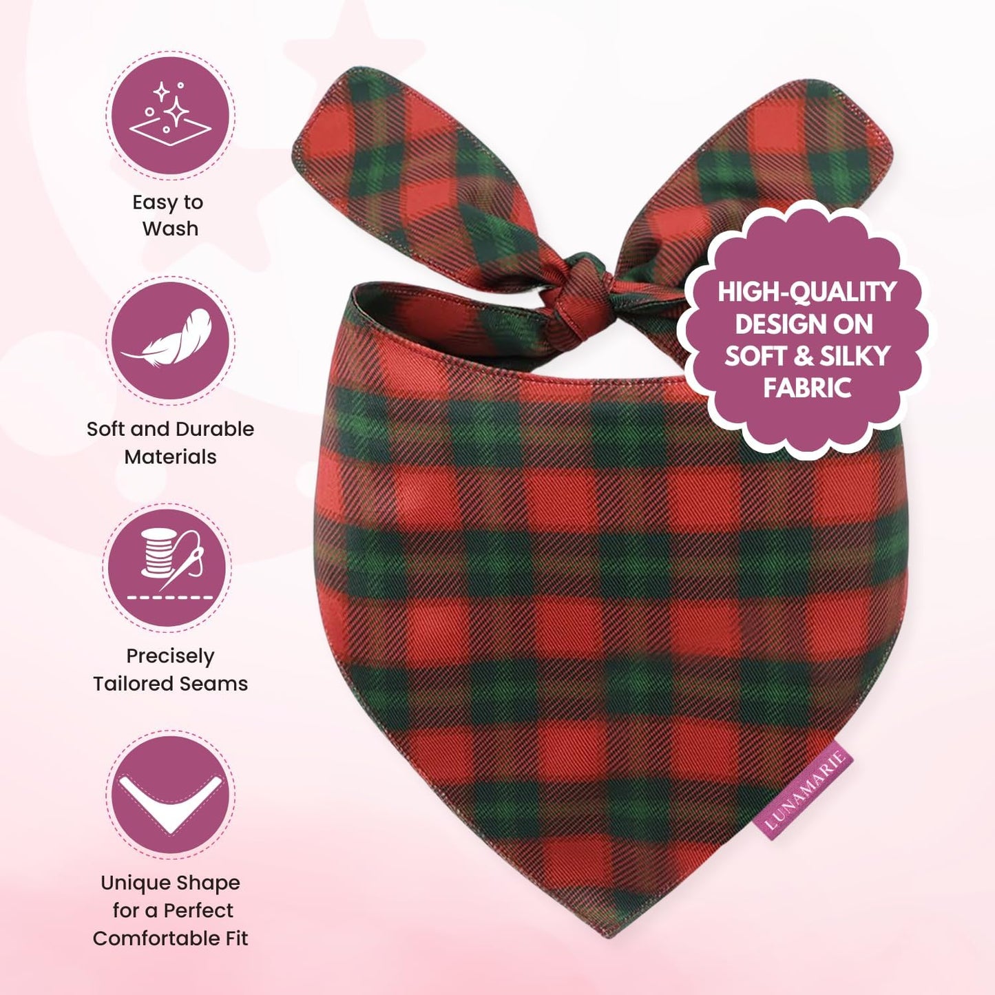 LunaMarie - Luxury Pet Birthday Bandanas -Premium & Silky Poly Fabric | 100% Handmade | Custom Shape Dual Layered (Jingle Plaid, Medium)