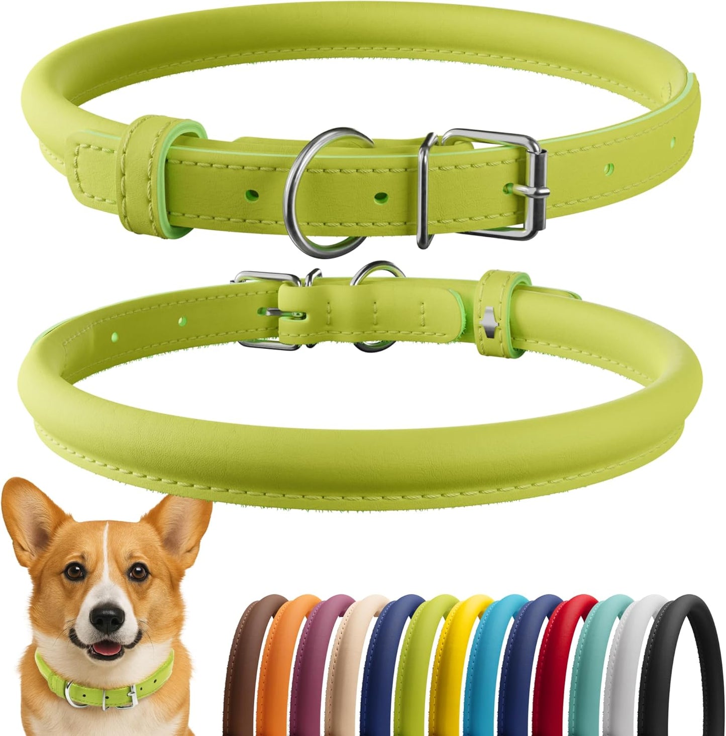 CollarDirect Rolled Leather Dog Collar, Soft Padded Round Puppy Collar, Handmade Genuine Leather Collar Dog Small Large Cat Collars 13 Colors (13-16 Inch, Lime Green Smooth)