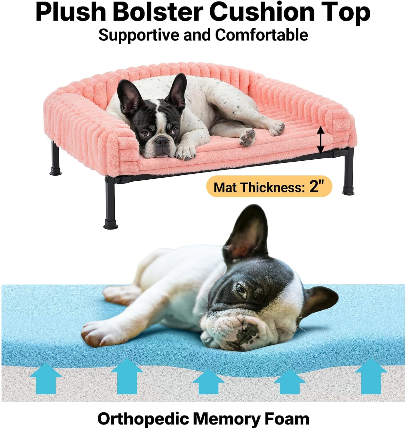 Veehoo Elevated Dog Bed with Bolster Cushion, Fluffy Plush Dog Couch Beds for Small Dogs, Cats, Washable Raised Pet Cot with Non-Slip Feet for Indoor or Patios Use, 24 x 18 Inches, Pink