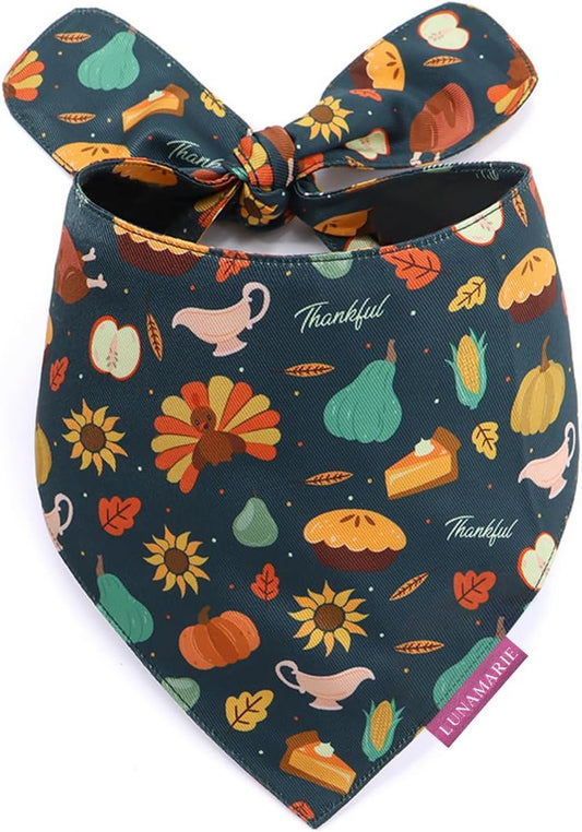 LunaMarie - Luxury Pet Birthday Bandanas -Premium & Silky Poly Fabric | 100% Handmade | Custom Shape Dual Layered (Thanksgiving, Large)