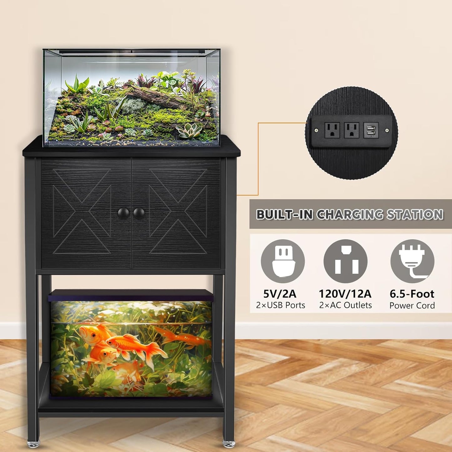 5-10 Gallon Fish Tank Stand, Heavy Duty Aquarium Stand with Cabinet & Power Outlets for Fish Tank Accessories Storage, Double Tank Stand 20.5" L* 11" W Tabletop, 220LBS Capacity Black