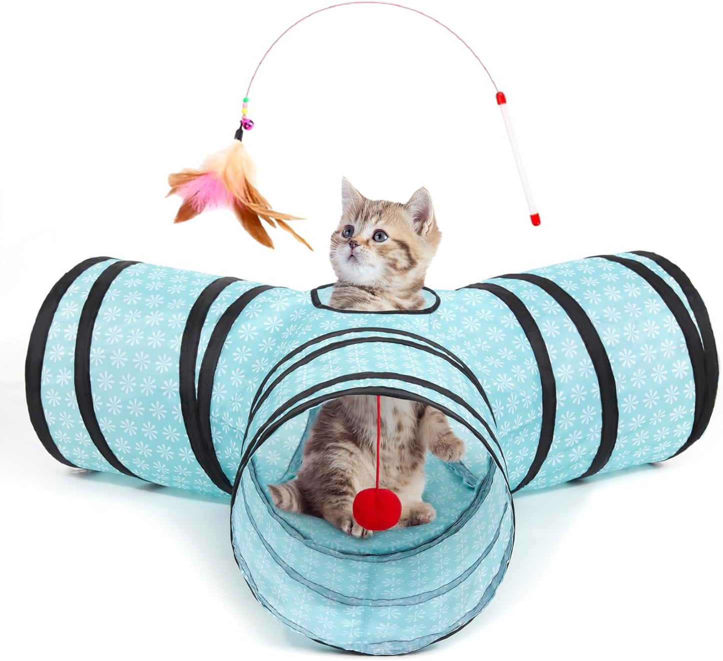 Tempcore Pet Cat Tunnel Tube Cat Toys 3 Way Collapsible, Cat Tunnels for Indoor Cats, Kitty Tunnel Bored Cat Pet Toys Peek Hole Toy Ball Puppy, Kitty, Kitten, Rabbit Teardrop Flower