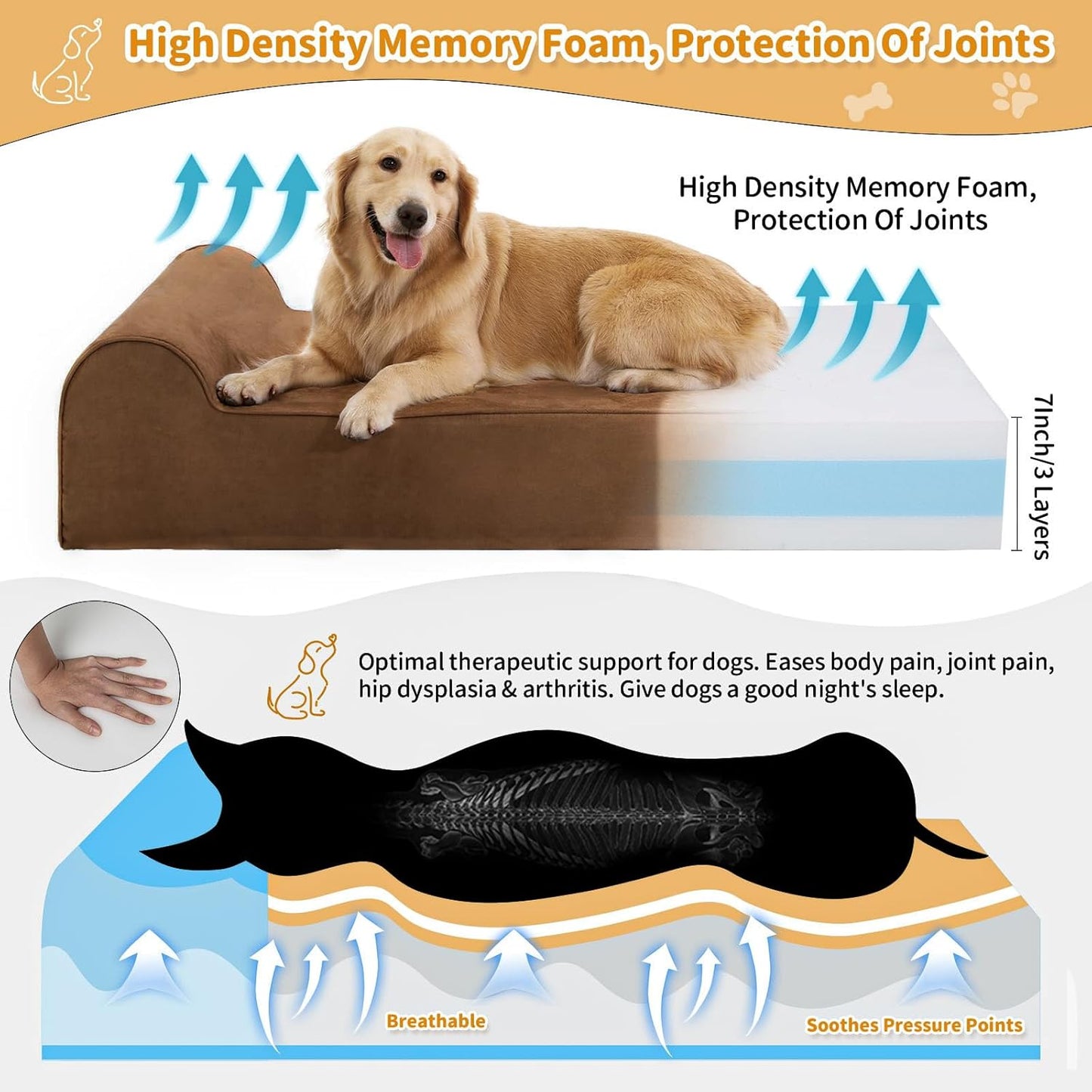 Large Orthopedic Dog Bed, 7" Memory Foam with Waterproof Liner, Chew Resistant Microsuede Cover, Removable and Washable, for Indoor, Outdoor, and Car Use, Nonskid Base, 48"x30" L Brown