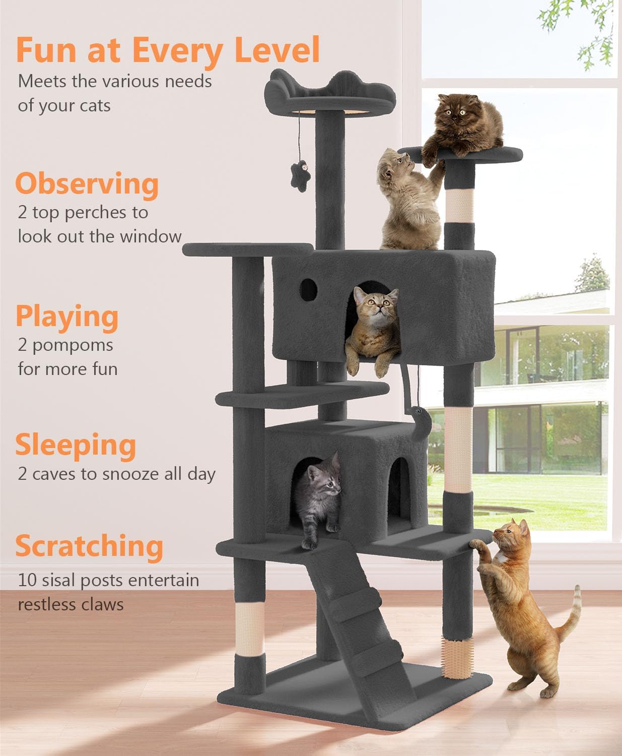 60" Cat Tree Tower for Indoor Cats Large Adult,Cute/Tall Modern Cat Tree for Big Cats 20 lbs, Plush Multi-Level Cat Condo with Scratching Posts,Dangling Ball (Smoky Gray, 60 inch)
