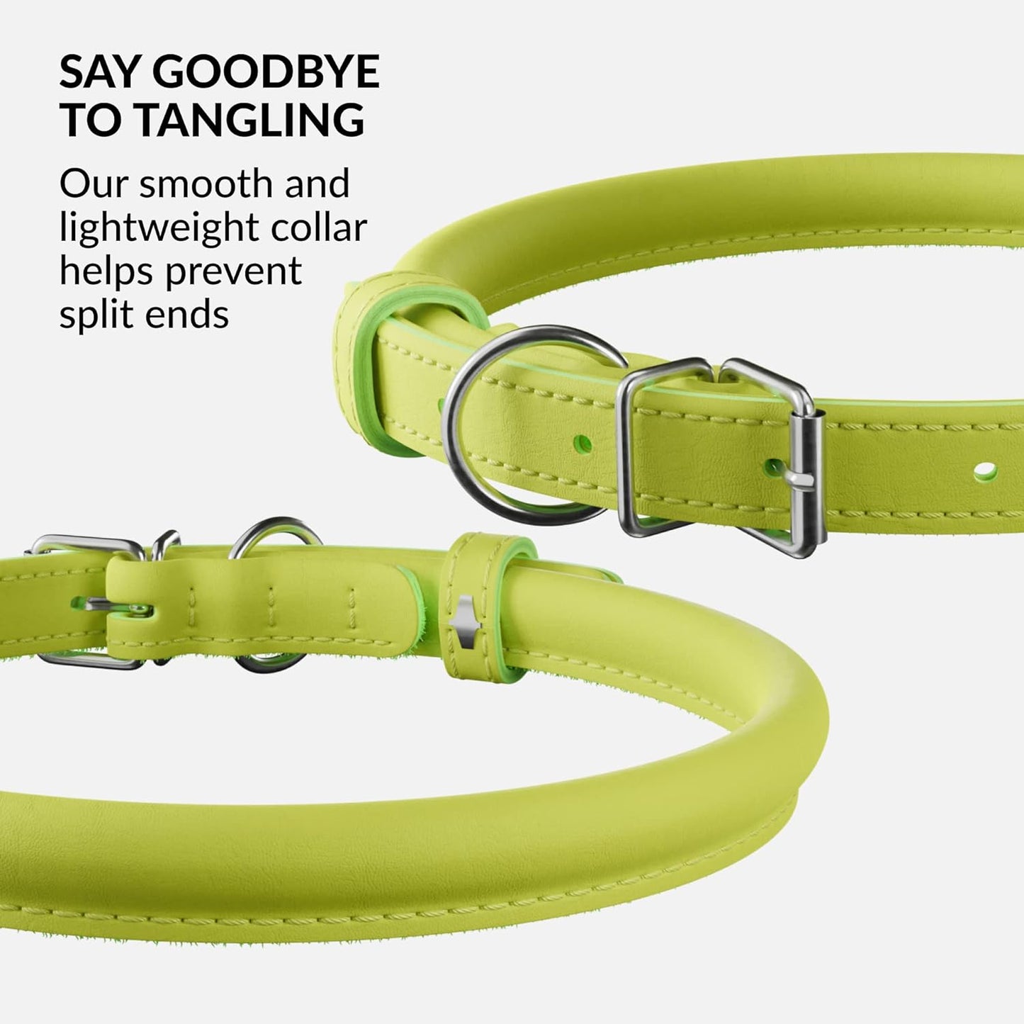 CollarDirect Rolled Leather Dog Collar, Soft Padded Round Puppy Collar, Handmade Genuine Leather Collar Dog Small Large Cat Collars 13 Colors (18-22 Inch, Lime Green Smooth)