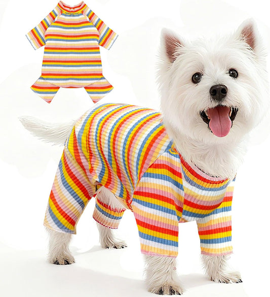 BAEJMJK Striped Dog Pajamas Stretchy Cute Four-Legged Boy Girl Dog Clothes with Sleeves Comfortable Dogs Jumpsuit Colorful Pet Puppy Outfits Apparel for Small Medium Dogs Cats(Yellow,Small)