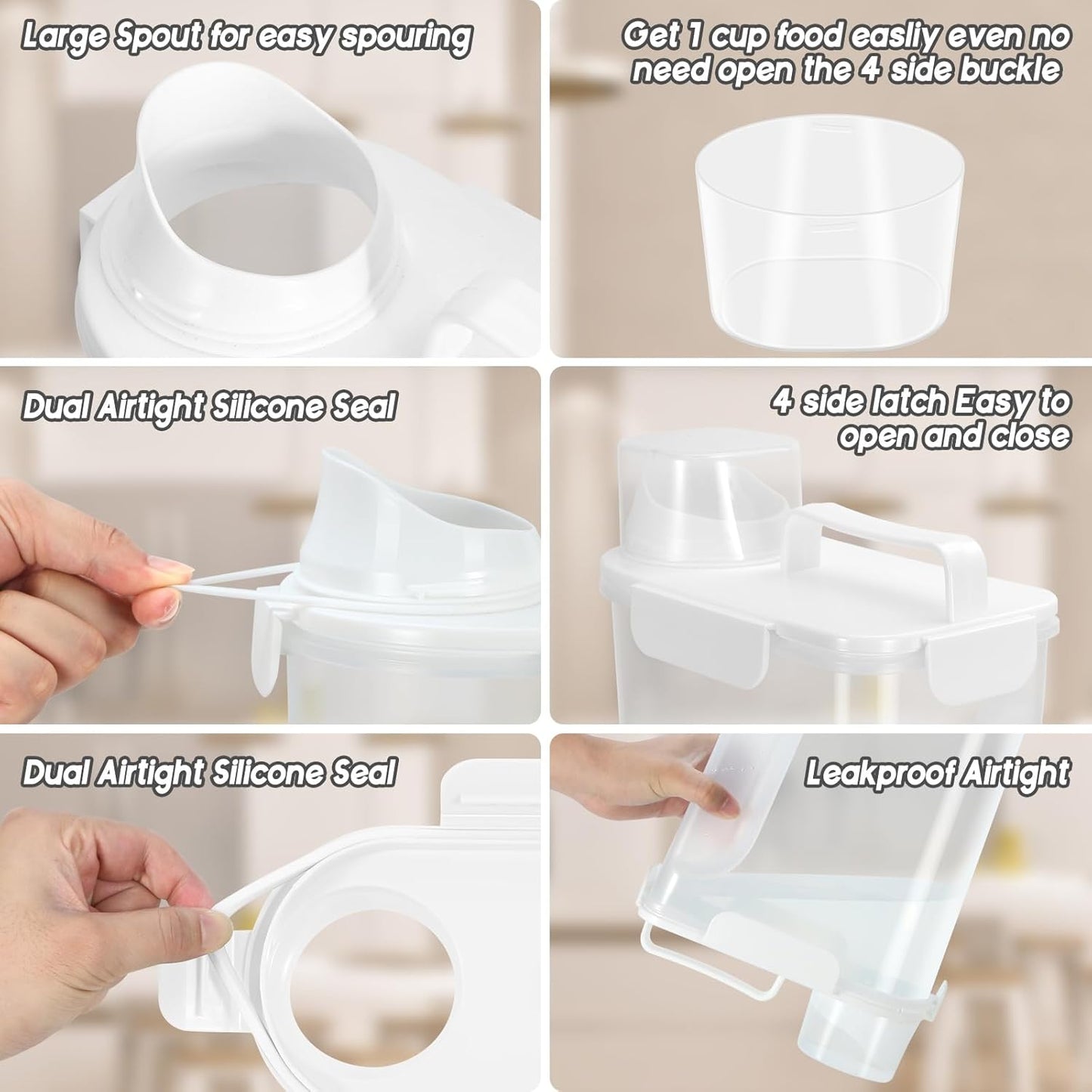 5-7Lbs Dog Cat Food Storage Container with Upgraded Large Nozzle BPA-free, 4 Snap Seals Plastic Pet Food Storage Containers with Handles (1, White, 5L)