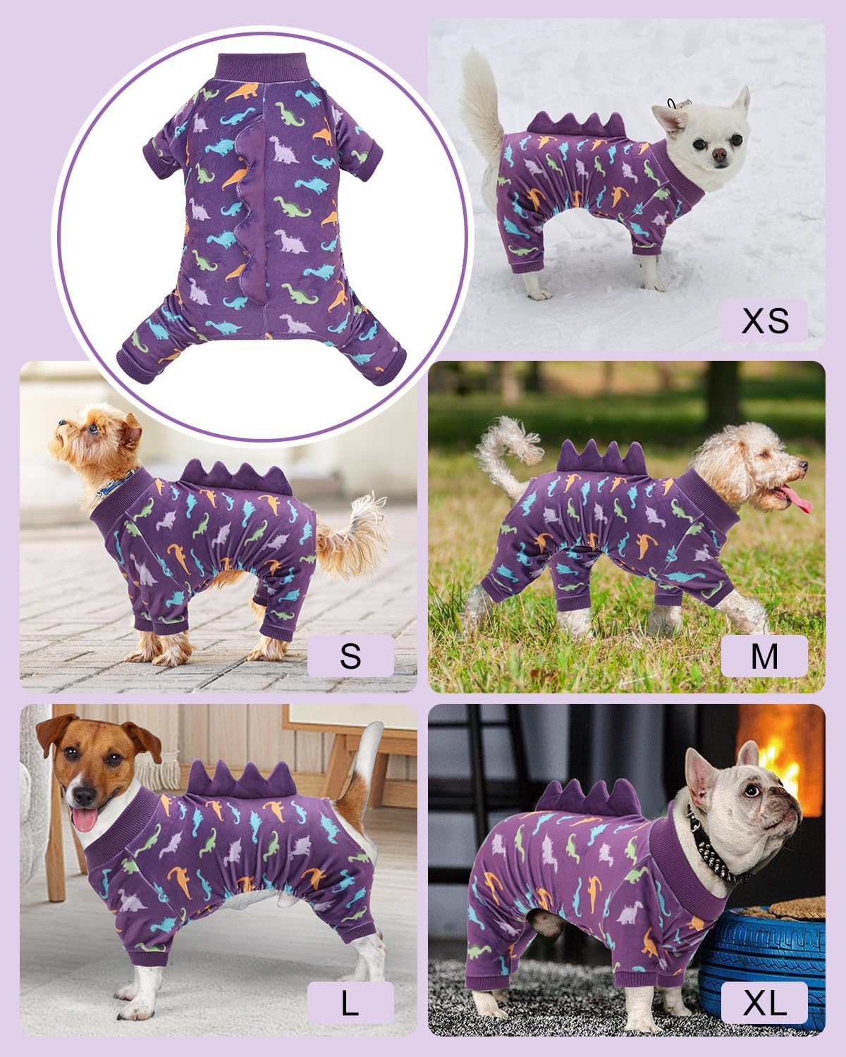 CuteBone Dinosaur Costume Dog Pajamas, Stretchy Spandex Crystal Velvet Sleepwear Coat for Small Dogs, Soft & Warm Pet Outfit Clothes for Cold Weather, Cozy Pullover Design COSP04L