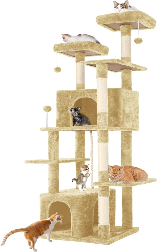 69in Large Cat Tree Tower for Indoor Cats with Soft Plush Hang Ball, Two Condos, Sisal Scratch Posts & Rope Play for Kittens/Adult Cats, Beige