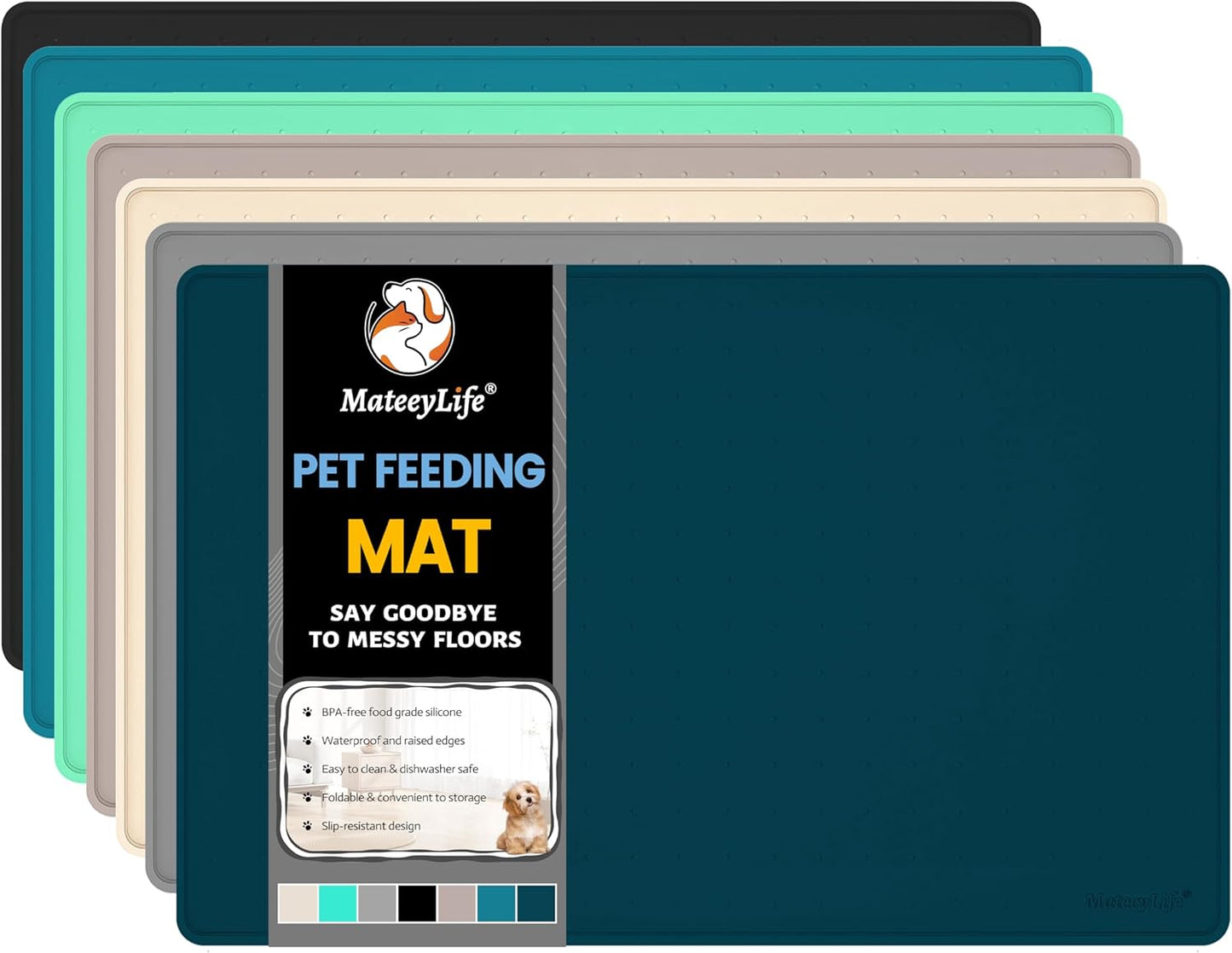 MateeyLife Dog & Cat Food Water Mat for Floors Waterproof, Nonslip Pets Bowl Feeding Mats with Raised Edges, Silicone Matt Tray for Messy Drinkers, 18"x12", Navy