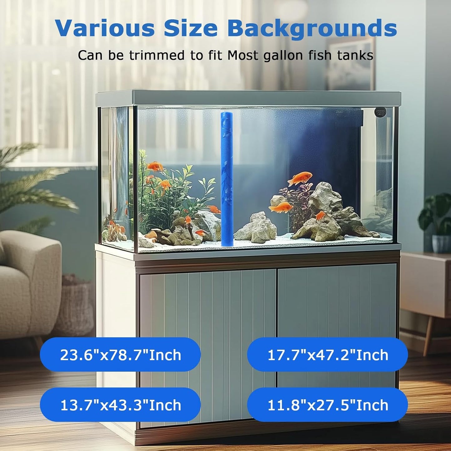 Aquarium Background Paper, Blue Fish Tank Backdrop Wallpaper Electrostatic Adhesive, No Glue, Easy to Install, Reusable (11.8" H × 27.5" L, Translucent)