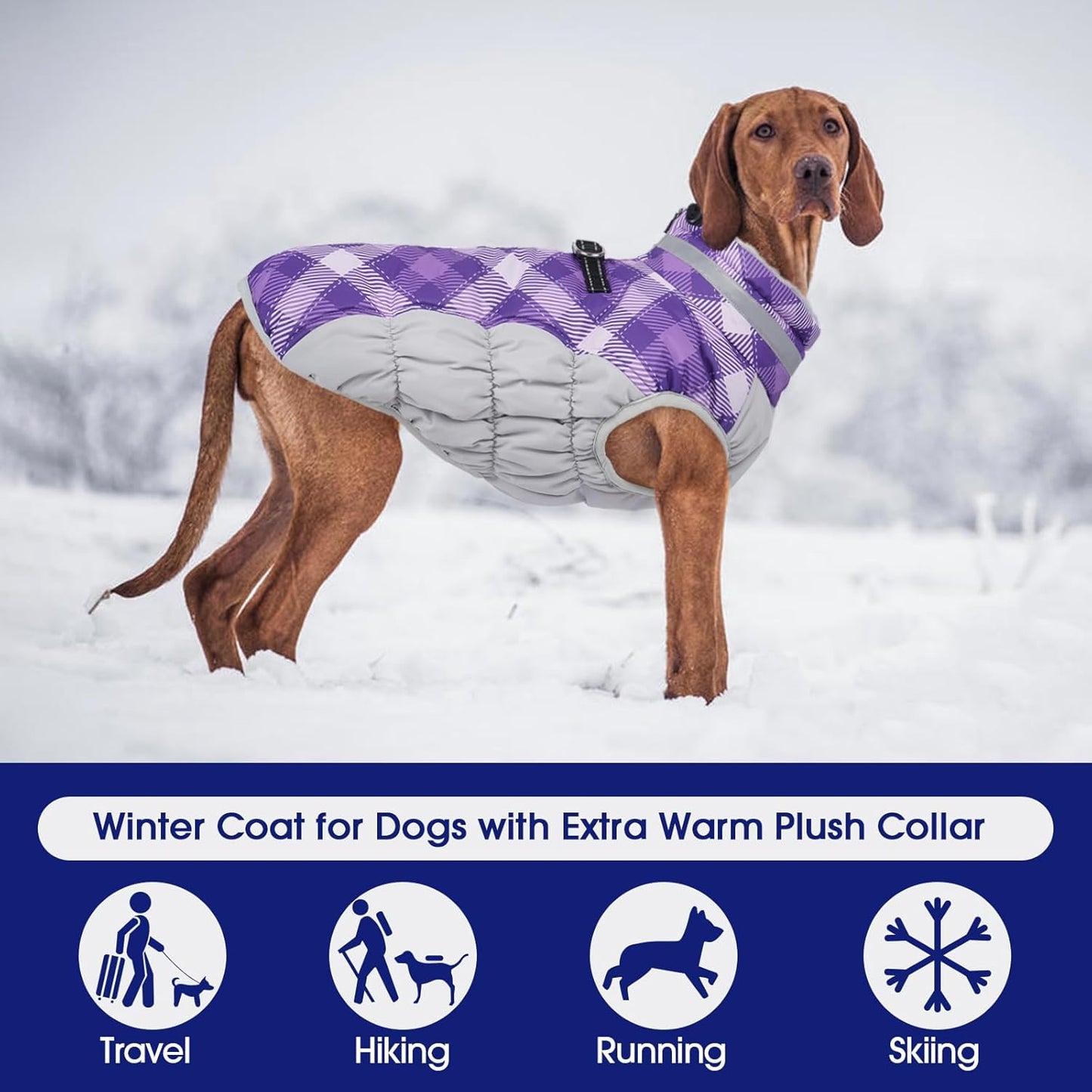 FUAMEY Dog Coat for Large Dogs,Waterproof Dog Winter Jacket with Harness Built in Puppy Cold Weather Coats Reflective Pet Vest with Zipper Warm Fleece Dogs Snowsuit Windproof Purple Plaid 2XL