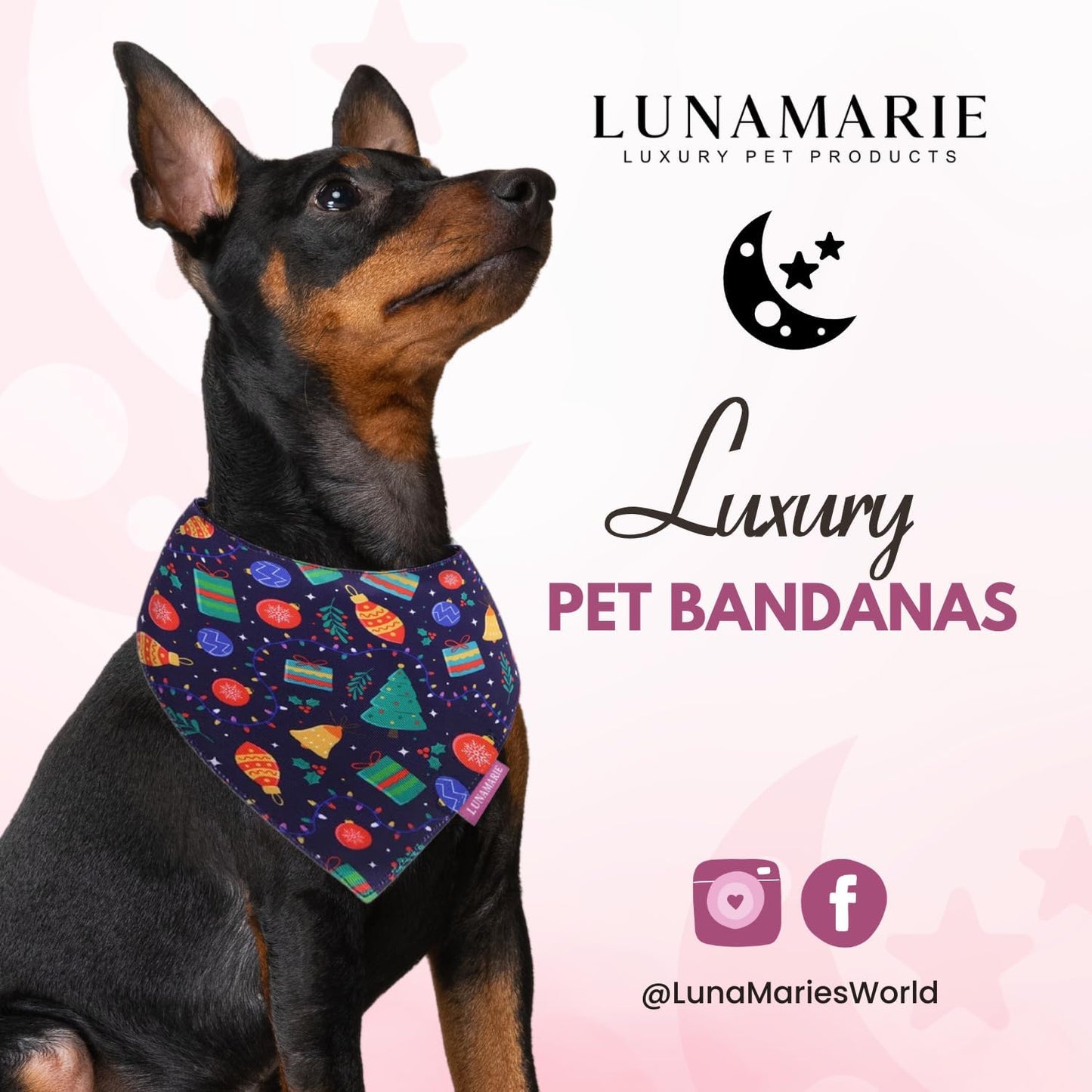 LunaMarie - Luxury Pet Birthday Bandanas -Premium & Silky Poly Fabric | 100% Handmade | Custom Shape Dual Layered (Christmas Tree, Medium)