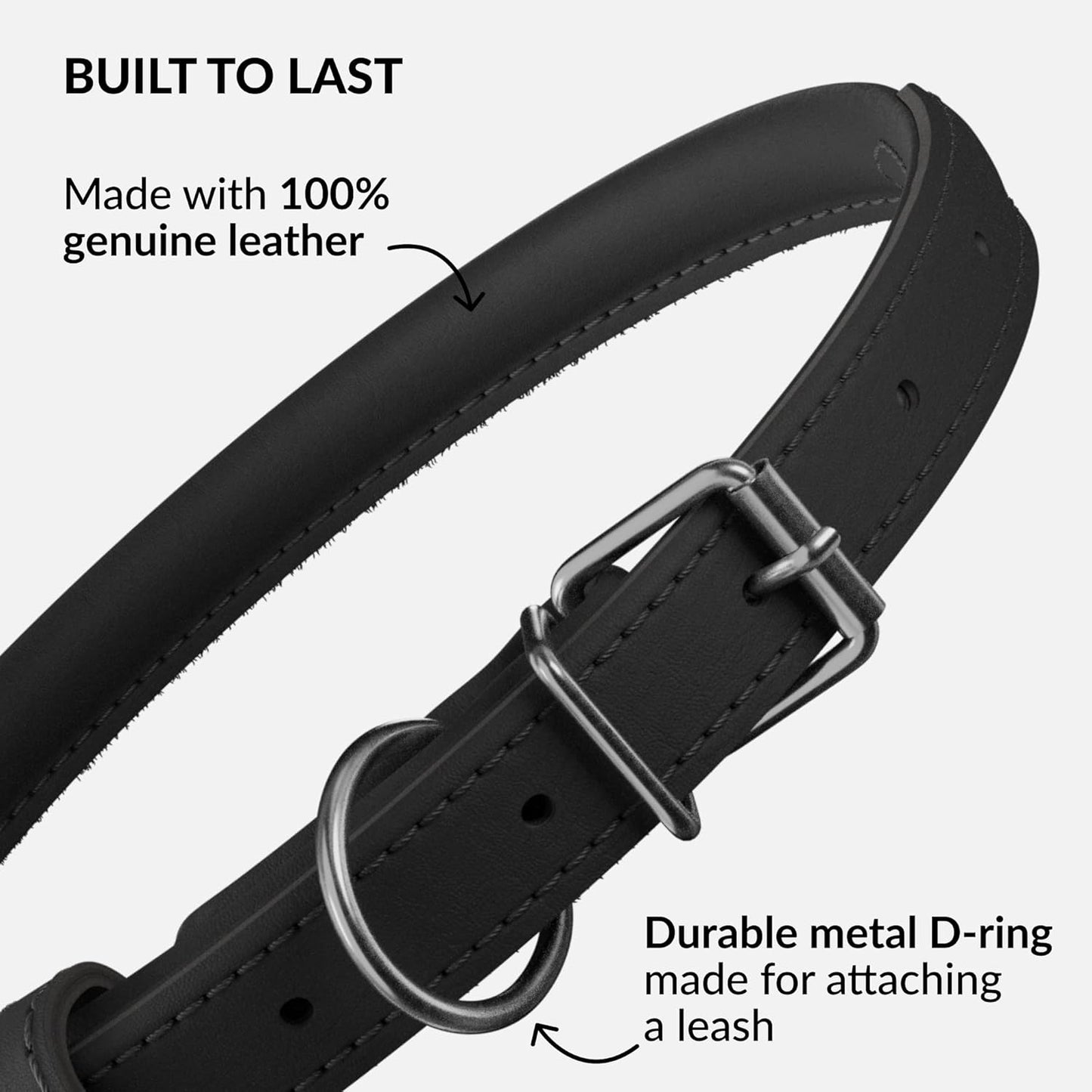 CollarDirect Rolled Leather Dog Collar, Soft Padded Round Puppy Collar, Handmade Genuine Leather Collar Dog Small Large Cat Collars 13 Colors (18-22 Inch, Black Smooth)